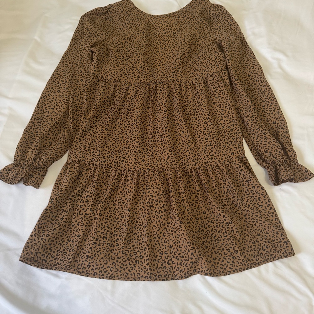 Leopard Print Knot Back Smock Long Sleeve Dress